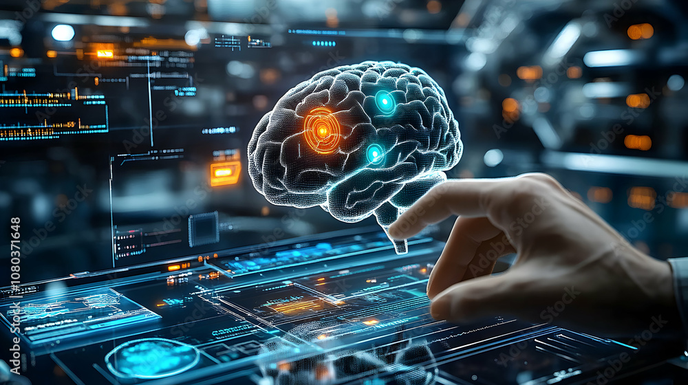 Aufkleber 3d digital brain model interacted with on futuristic interface