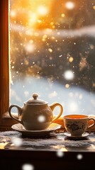 Fototapeta premium Teapot and cup on wooden surface by snowy window