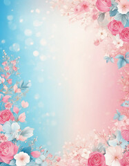 Floral border on a simple pink white and blue pastel background