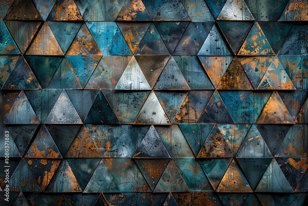 Poster geometric pattern of blue and gold triangles with rustic texture.