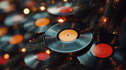 Vinyl records on Christmas tree background. Retro music atmosphere. Copy space