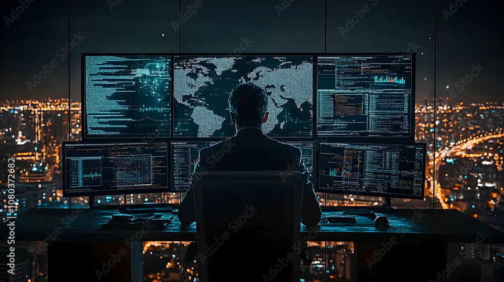 Poster cybersecurity analyst monitors global network data streams at night from a city view