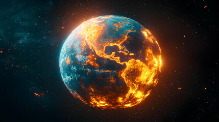 Fototapeta premium Fiery Planet Earth Glows with Intense Heat in 3D Space Background Illustration