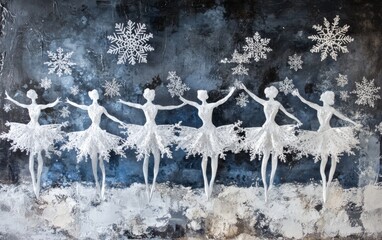 A painting of five ballerinas in white costumes