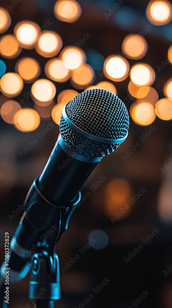 Poster Wireless microphone is standing on a stage, waiting for a singer or speaker to use it during a concert or event