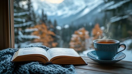 Open book and tea by winter window with mountain view