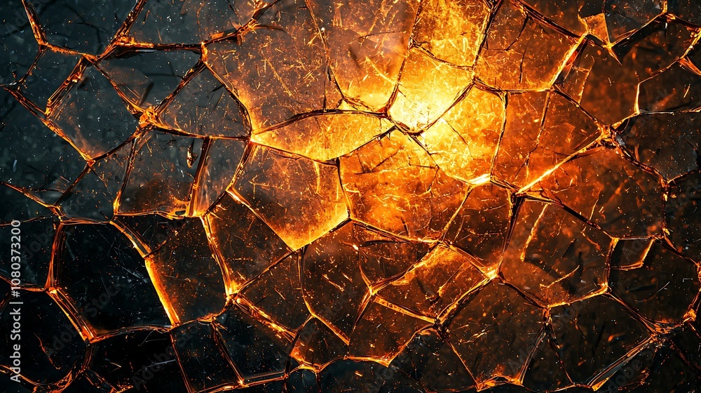Poster a captivating close-up of a transparent surface with cracks radiating hot glowing light in shades of