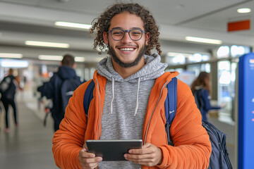 Smiling student holding digital tablet in modern environment, showcasing enthusiasm and confidence. bright atmosphere enhances positive vibe of learning and technology