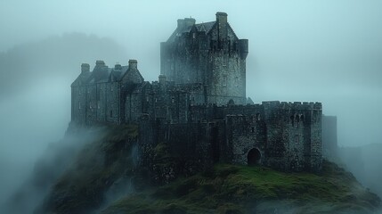 Naklejka premium Explore the enigmatic beauty of a medieval scottish castle shrouded in mysterious fog