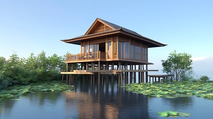 Obraz premium A modern wooden house on stilts surrounded by water and lily pads, showcasing sustainable architecture.