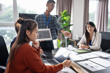 Solar panels green energy Business people working in green eco friendly office business meeting creative ideas for business eco friendly professional teaching corporate people sustainable electricity