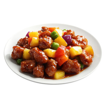 Sweet and Sour Pork with Pineapple and Colorful Vegetables - A Flavorful Asian Cuisine Dish PNG Icon on transparent background