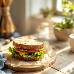 Concept photo of a sandwich on light wooden table with space for text