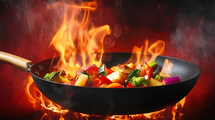 A sizzling pan of colorful vegetables being stir-fried, creating a vibrant and dynamic cooking scene.
