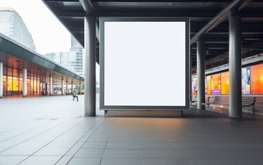 A large white billboard sits in the middle of a city plaza