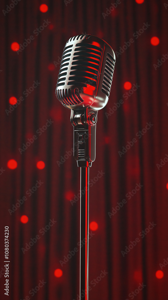 Poster vintage microphone placed in front of a red curtain with dramatic lighting sets the stage for a capt