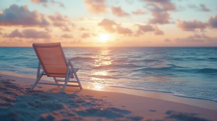 Lonely beach chair at sunset with pastel colors and bokeh effect