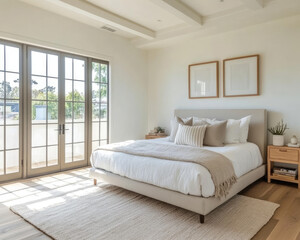 Fototapeta premium Bedroom with White Wall, Soft Gray Bedding, and Neutral Accents for a Calm Space
