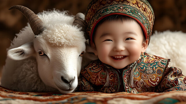 Joyful Baby in Ethnic Attire Smiles Beside a Fluffy White Ram in a Studio Photograph