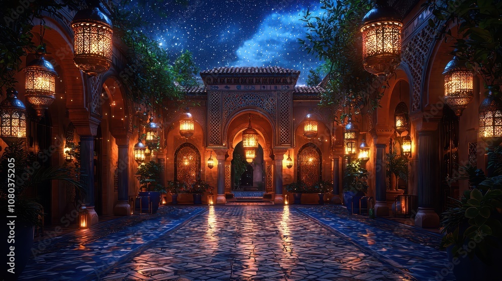 Poster experience the enchantment of a moroccan riad adorned with intricate lanterns and tiled patterns