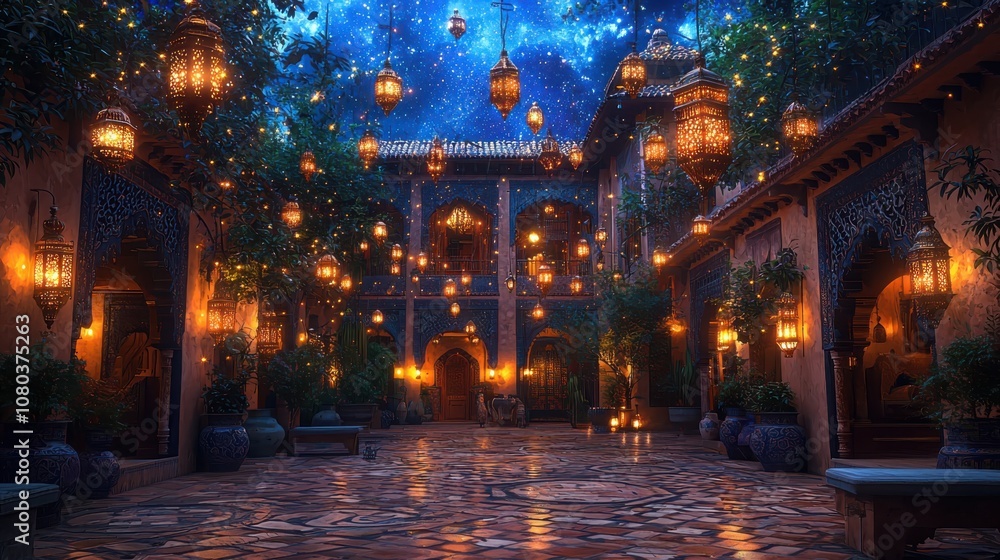 Poster experience the enchanting charm of a moroccan riad adorned with lanterns and intricate tiles