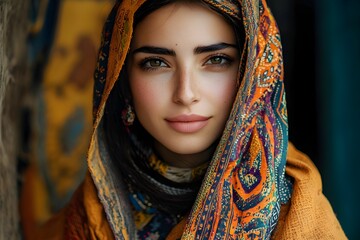 A woman in traditional attire poses gracefully with a vibrant scarf