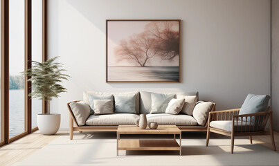Fototapeta premium Minimalist Living Room Interior Design with Wooden Sofa Armchair and Coffee Table