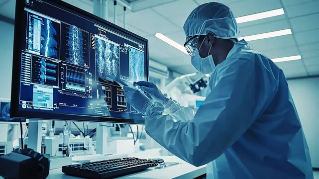 A medical professional analyzes diagnostic images on a computer in a modern healthcare setting, emphasizing technology's role in patient care.