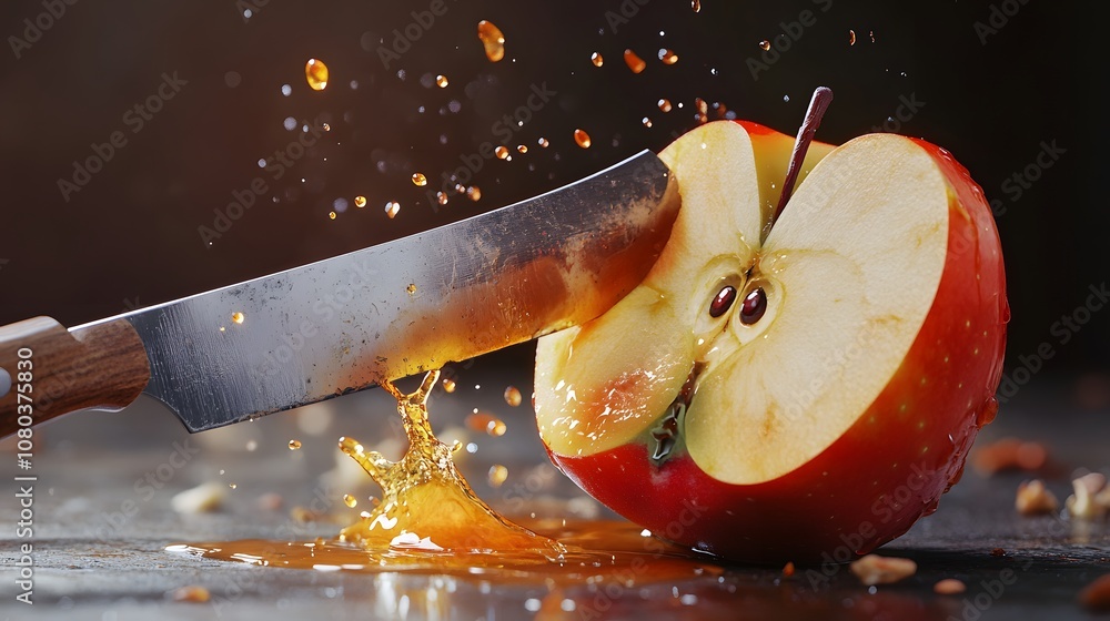 Poster a red apple sliced with a knife, showcasing juice splattering in a dynamic scene.