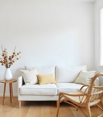 A cozy living room with a white sofa, a wicker chair, and a vase of dried flowers on a side table. The room has white walls and hardwood floors, creating a minimalist and serene atmosphere