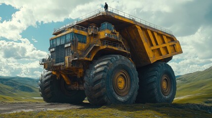 Obraz premium Giant Yellow Mining Dump Truck in a Mountainous Landscape