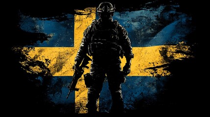 Dramatic Silhouette of a Soldier Against a Grunge Style Swedish Flag Background, Representing Strength, Courage, and National Pride in a Bold Color Palette