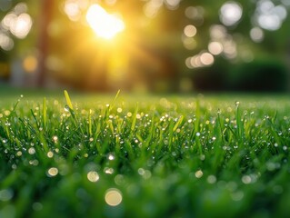 Obraz premium Dewy Grass in Soft Focus, Sunlit droplets glistening on vibrant green blades, perfect for nature-themed promotions and branding.