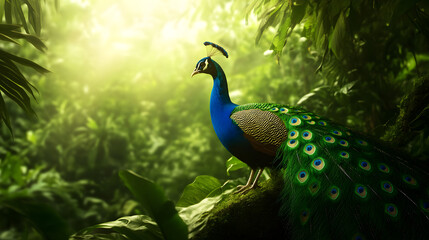 Obraz premium A vibrant peacock displaying its colorful feathers in a lush garden, symbolizing beauty and elegance. A peacock showcasing its plumage.