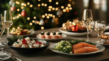 Naklejka premium Christmas Feast with Elegant Appetizers and Seasonal Drinks, christmas-tree