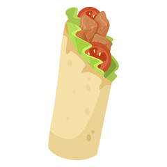 A tasty wrap featuring chicken, lettuce, and tomatoes on a white background. Vector illustration