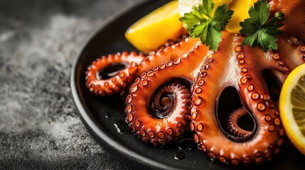 Fototapeta premium Closeup of cooked octopus tentacles. Perfect for seafood recipes or restaurant menus.