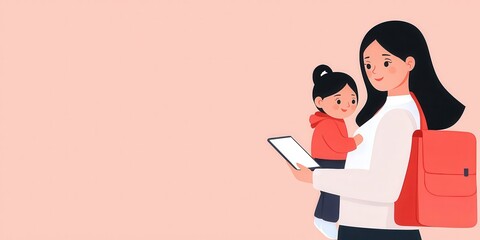 A mother holds a child and a tablet, showcasing a tender moment. The background features a soft pink hue, enhancing the warmth of the scene.