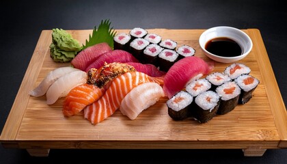 Obraz premium Traditional Japanese Sushi Platter With Fresh Sashimi, Nigiri, and Rolls, Beautifully Presented on a Wooden Board With Pickled Ginger, Wasabi, and Soy Sauce