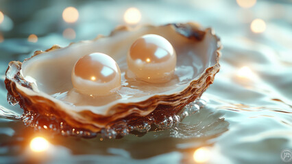 Two Shimmering Pearls Resting in an Oyster Shell