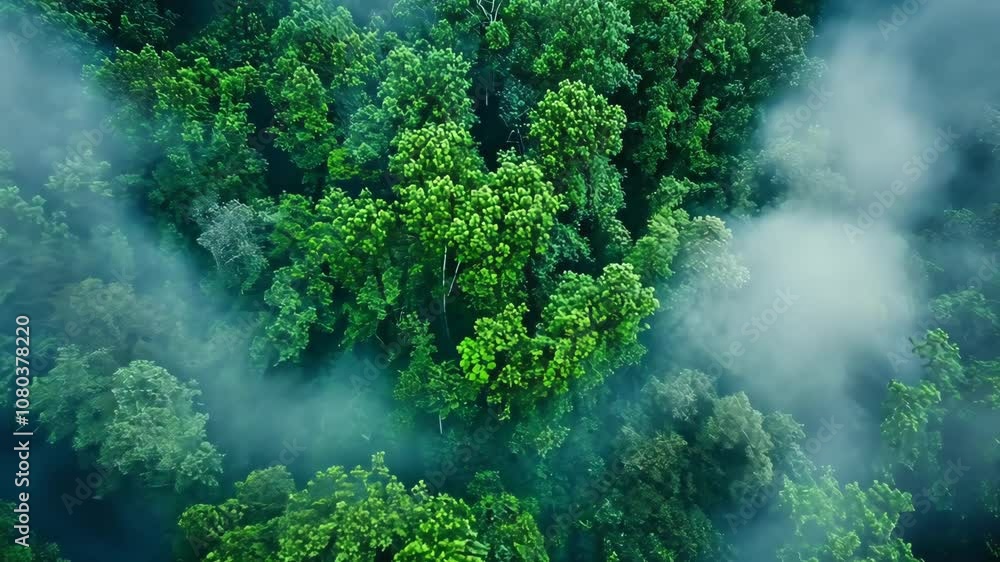 Poster an aerial view of a lush forest shrouded in morning mist, showing the intricate patterns of treetops