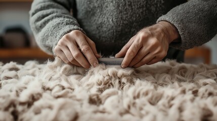 Hands of a person carding raw wool with a combing tool, wearing a gray sweater, emphasizing fiber processing and craftsmanship.