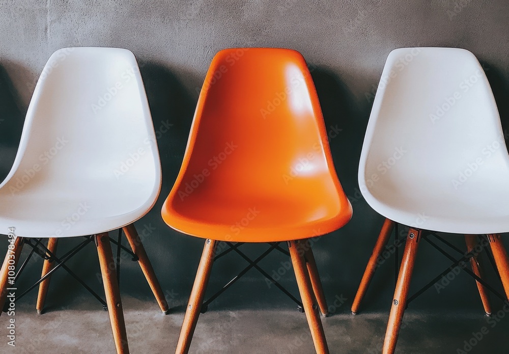 Poster symmetrical row of white and orange chairs in simple setting