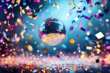 A disco ball reflects colorful lights amidst vibrant confetti falling at a lively party celebration