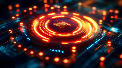 Abstract 3D Futuristic Technology Interface Background with Glowing Circular HUD Display and Circuitry