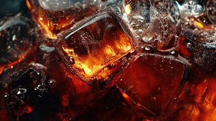 Close-Up of Glass with Cola and Ice Cubes, High-Resolution Macro Photography