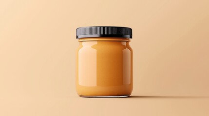 A jar of creamy peanut butter with a black lid against a plain beige background, showcasing a smooth texture and minimalist design.