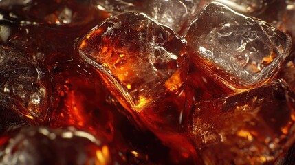 Close-Up of Glass with Cola and Ice Cubes, High-Resolution Macro Photography