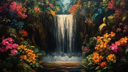 Lush Tropical Rainforest Waterfall, vibrant foliage cascading water, serene atmosphere, rich biodiversity, tranquil natural beauty