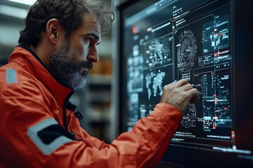 A warehouse expert interacts with floating icons on digital screen, showcasing advanced technology and data visualization. His focused expression reflects importance of his work